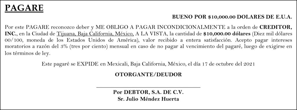 Example Pagare format in Spanish, for Mexico 